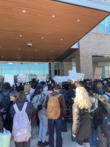 Waltham High School Entrance on Feb. 12 during student walkout protesting ICE.
